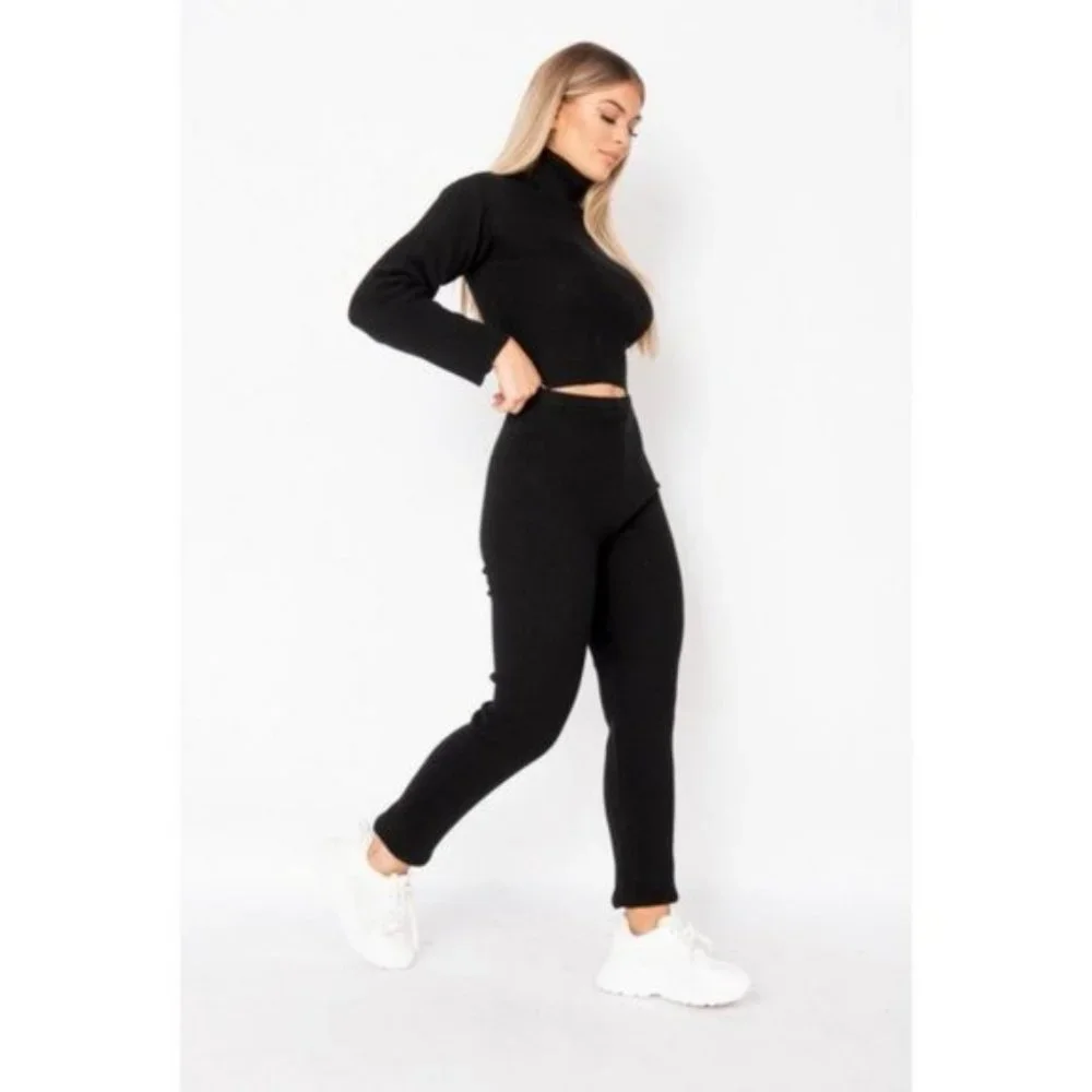 Black Knitted Long Sleeve Turtle Neck Crop Top and Pants Two Piece Set - Picture 10 of 15